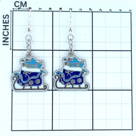 Festive Blue Santa Sleigh Earrings 🎁 Christmas Holiday Jewelry - Picture 3 of 4